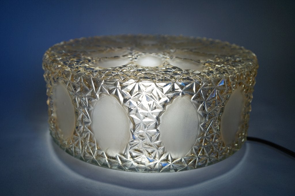 vintage plafondlamp plafonnière glas reliëf mat helder zalm, Huis en Inrichting, Gebruikt, Vintage, Meerkleurig, 25 cm