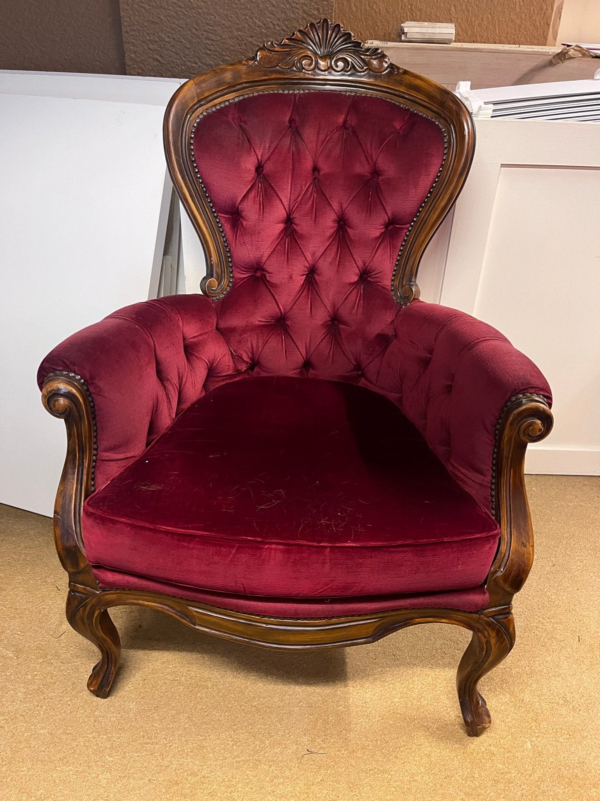 Antieke fauteuil - Biedermeier stijl - Rood fluweel, Antiek en Kunst, Ophalen