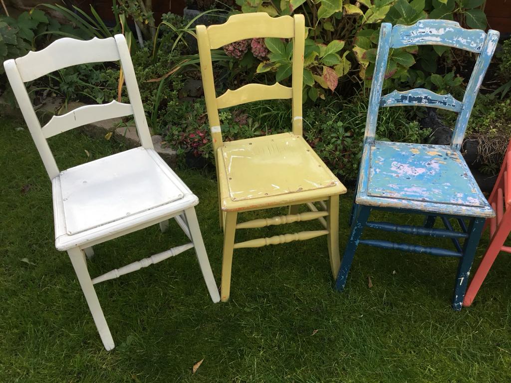 Vintage houten keukenstoelen, diverse kleuren, eind jaren 60, Ophalen
