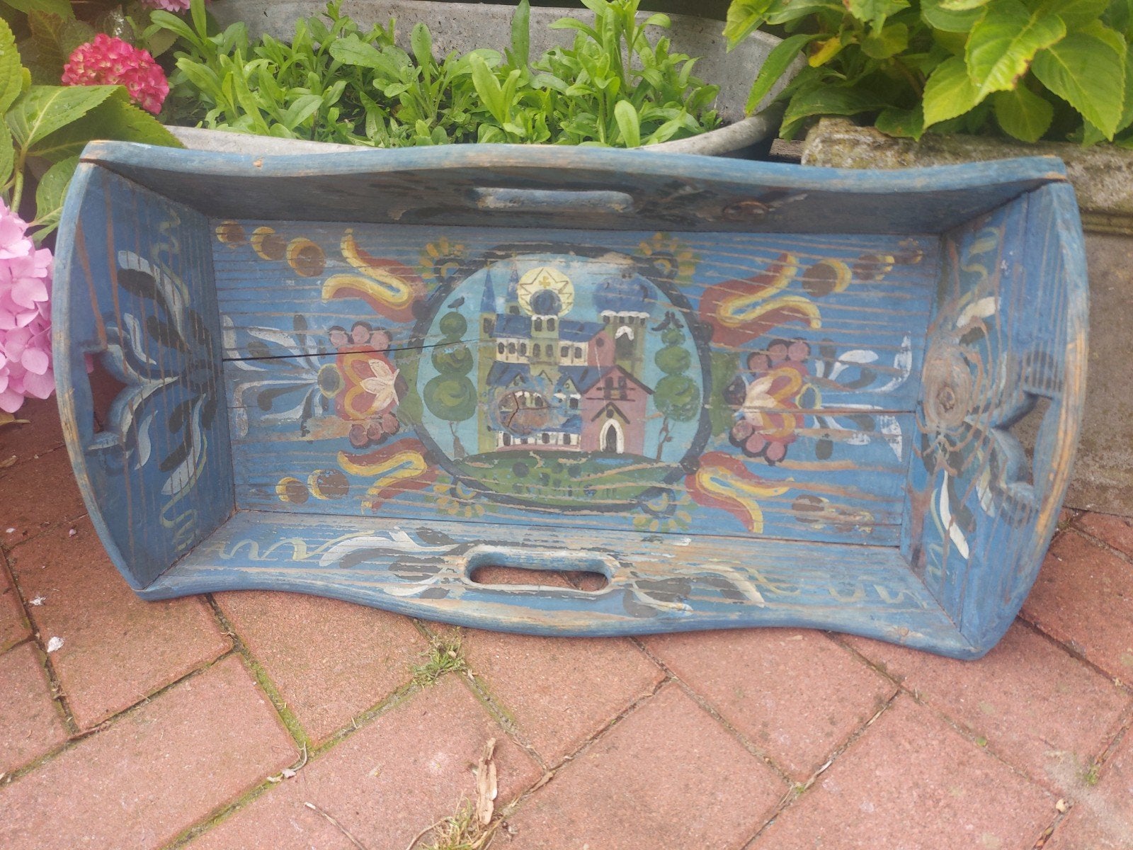 Oude beschilderde mangelbak volkskunst ca 60 x 30 cm, Ophalen of Verzenden