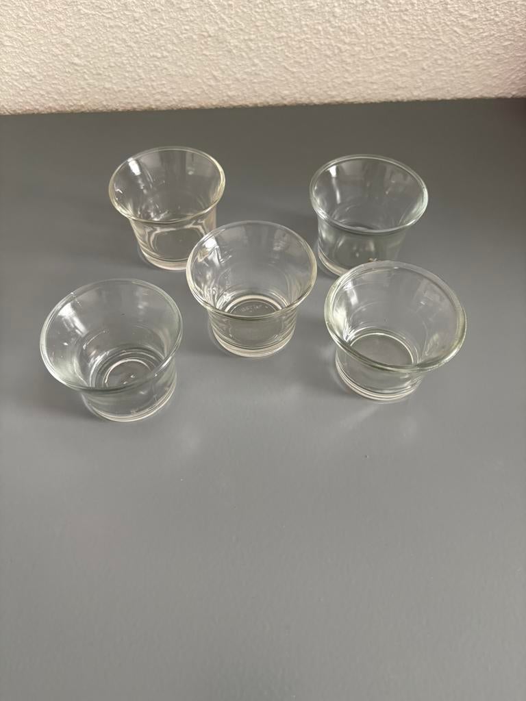 Glazen waxinelichthouders 5 stuks, Ophalen of Verzenden, Zo goed als nieuw, Overige materialen, Minder dan 25 cm