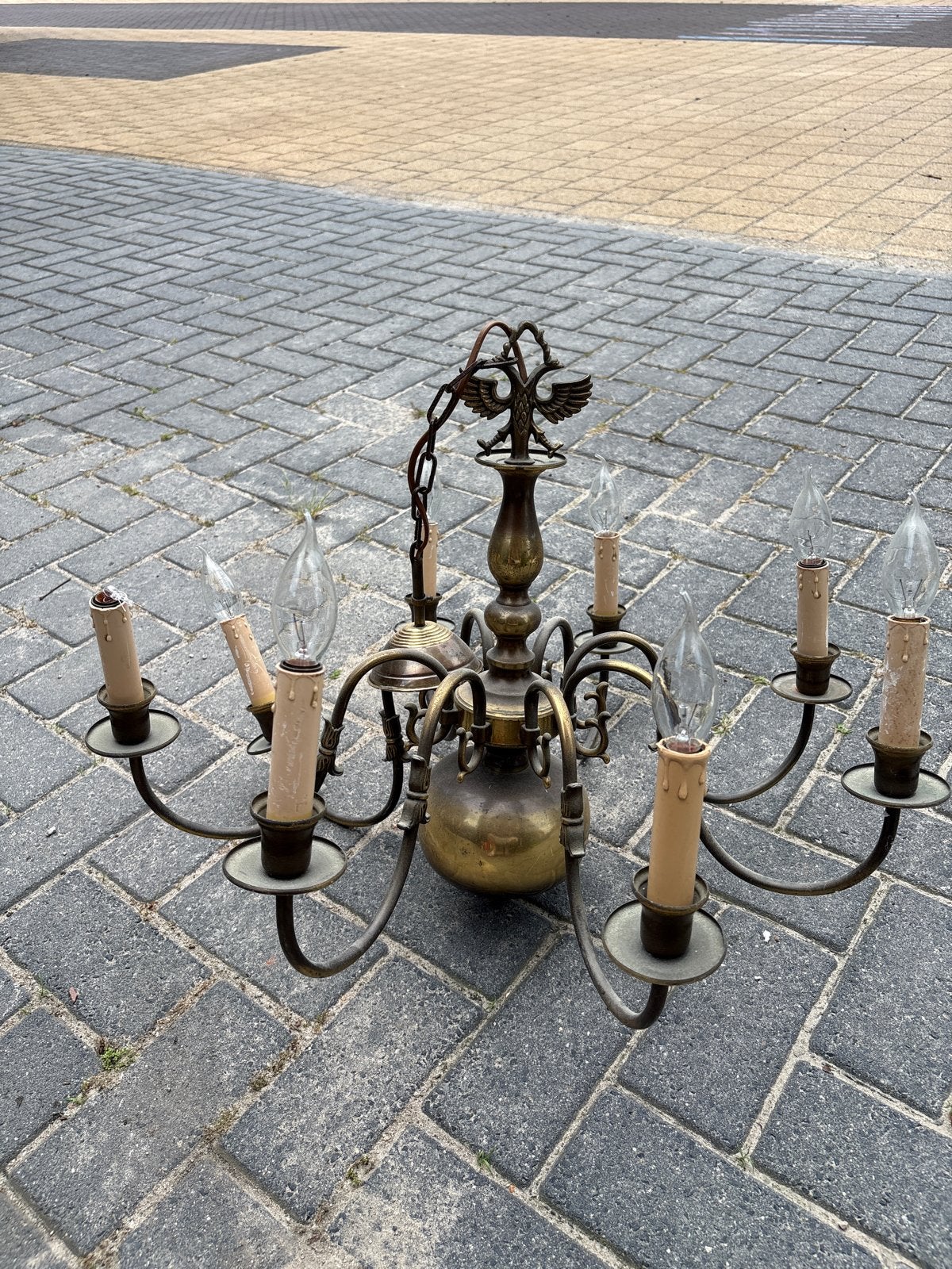 Antieke bronzen kroonluchter met dubbele adelaar, Ophalen of Verzenden