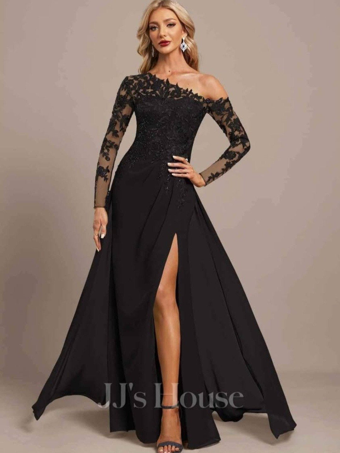 Elegante Zwarte Avondjurk met Kant en Split, Kleding | Dames, Jurken, Zo goed als nieuw, Maat 46/48 (XL) of groter, Zwart, Onder de knie
