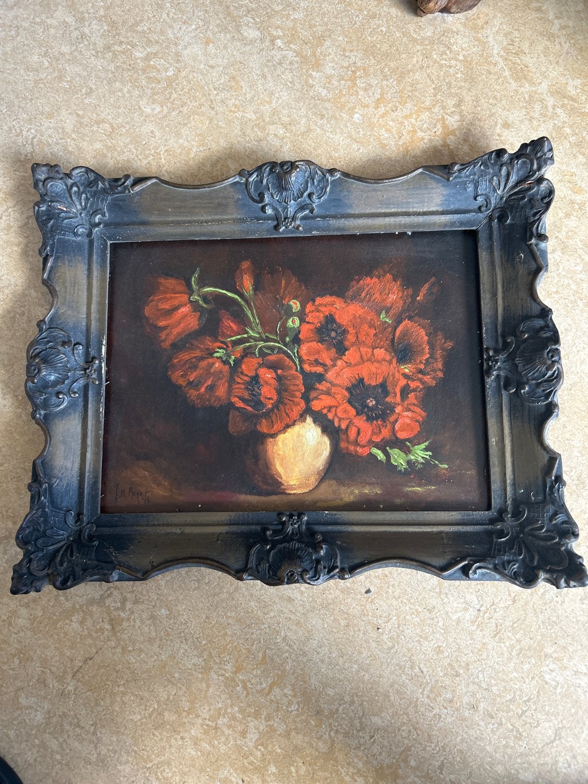 Schilderij klaprozen, gesigneerd J.W. Meyer '46, Bloemen, Doek, Realistisch, Ophalen of Verzenden