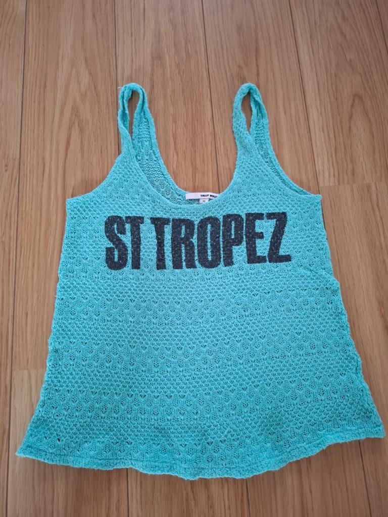 Blauw topje met letters st tropez, Blauw, Ophalen of Verzenden, Zo goed als nieuw, Zonder mouw