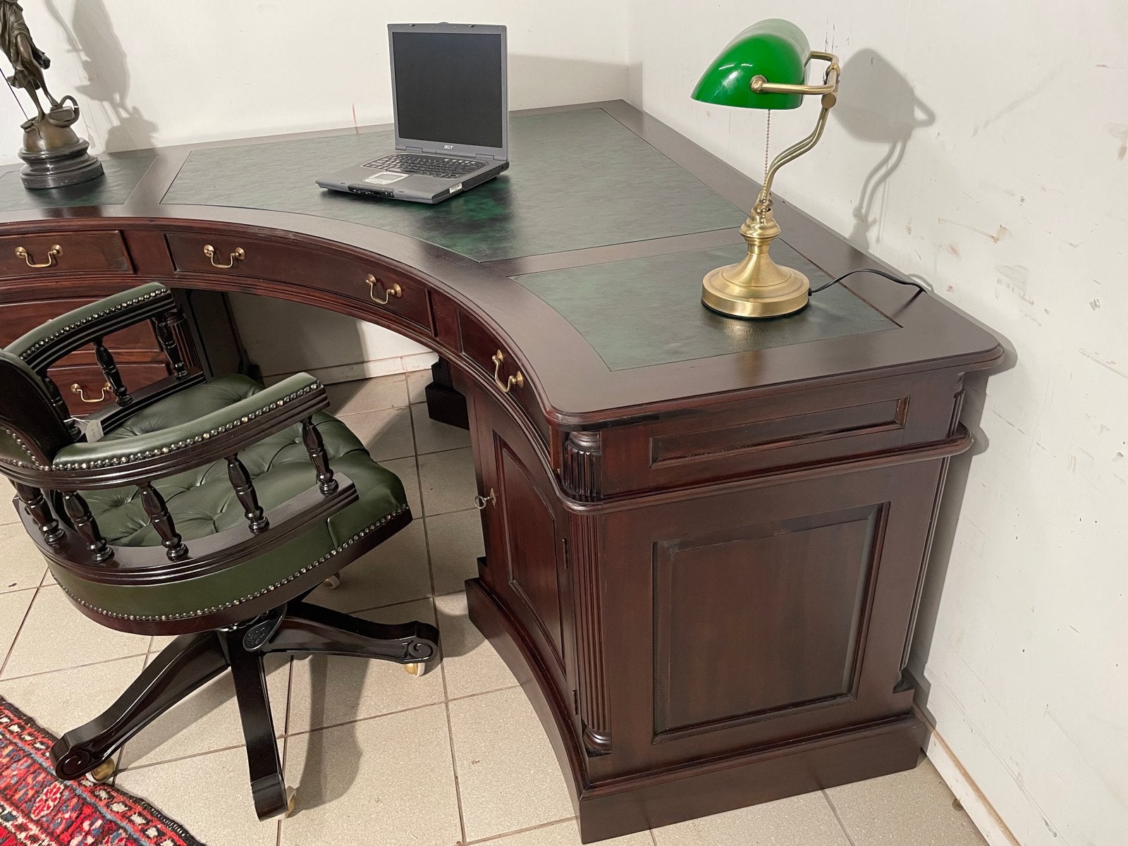 Mahonie Hoekbureau 180x180 cm met Groen Inlegwerk, Huis en Inrichting, Ophalen, Hout, 180 cm, Hoekbureau