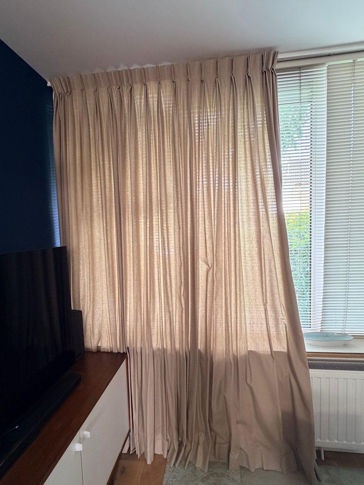 Beige Linnen gordijnen  (370x255cm), Ophalen, Zo goed als nieuw, Beige, 200 cm of meer
