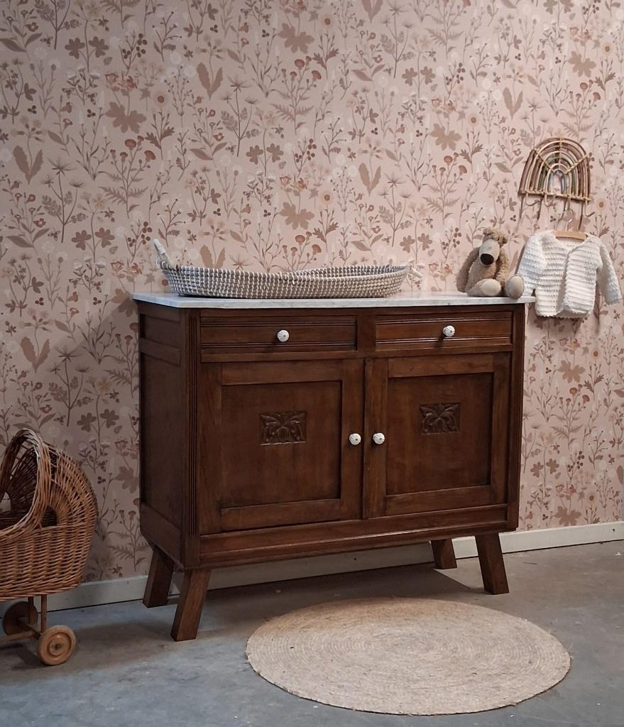 Vintage houten commode met wit marmeren blad, Kinderen en Baby's, Kinderkamer | Commodes en Kasten, Josièfine Vintage Line, Ophalen of Verzenden