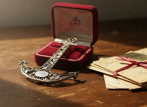 Antiek zilveren filigrain broche, anker, datering rond 1880