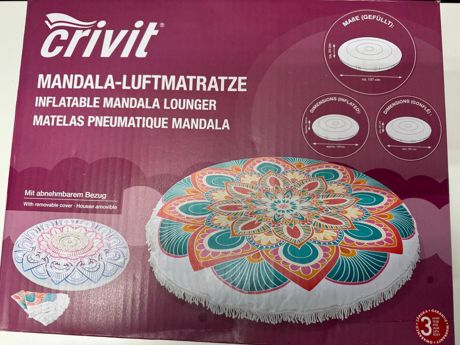 Crivit Opblaasbare Mandala Lounger met Afneembare Hoes, Ophalen, Nieuw, 1-persoons