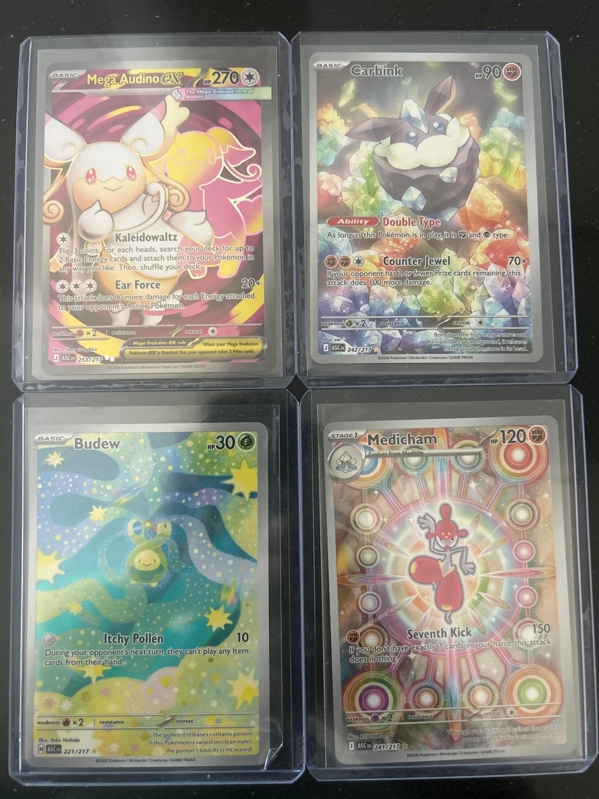 Pokémon Ascended heroes Mega Audino EX, Carbink, Budew, Medi, Ophalen of Verzenden, Zo goed als nieuw, Meerdere kaarten, Foil