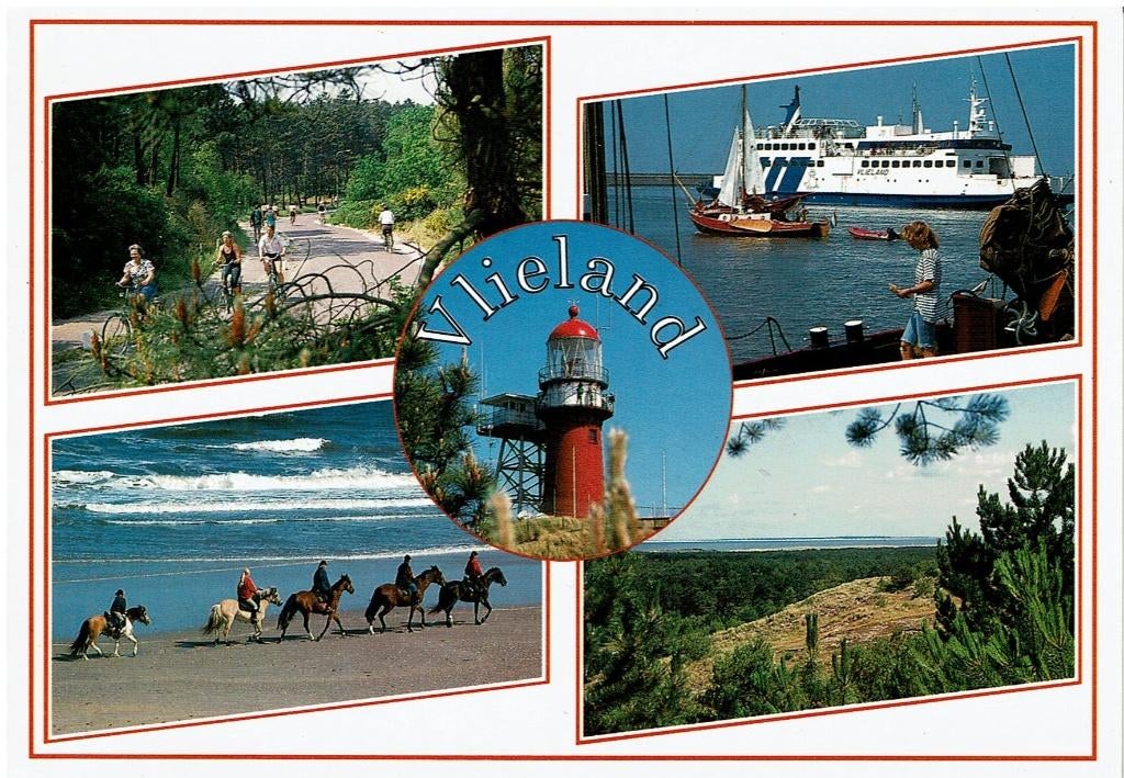 Ansichtkaart Vlieland, 5-luik, veerboot, duin, strand, zee, Verzamelen, Ansichtkaarten | Nederland, Ophalen of Verzenden, 1980 tot heden