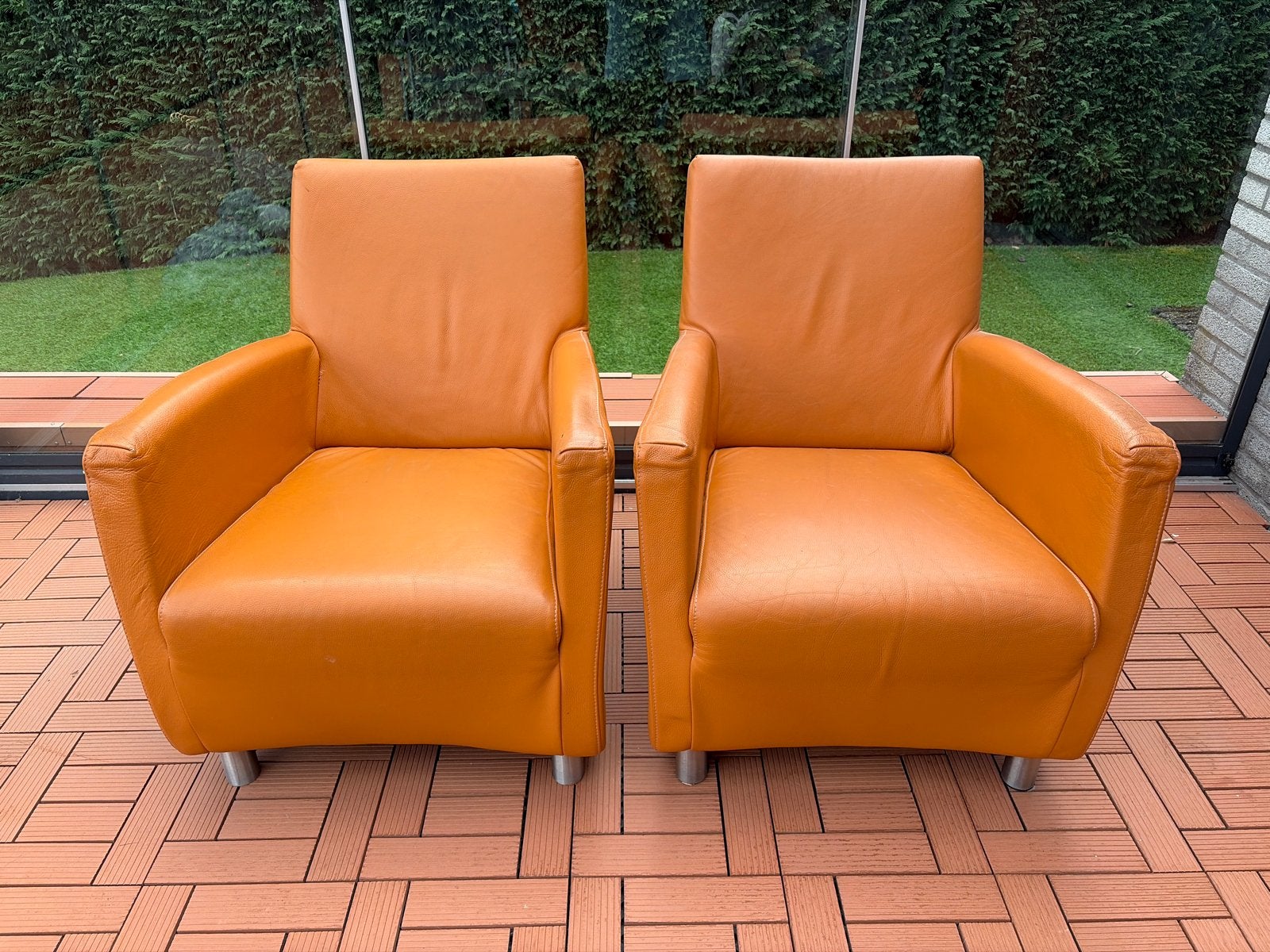 Set van 2 oranje leren fauteuils, Ophalen, Gebruikt, 50 tot 75 cm, Leer