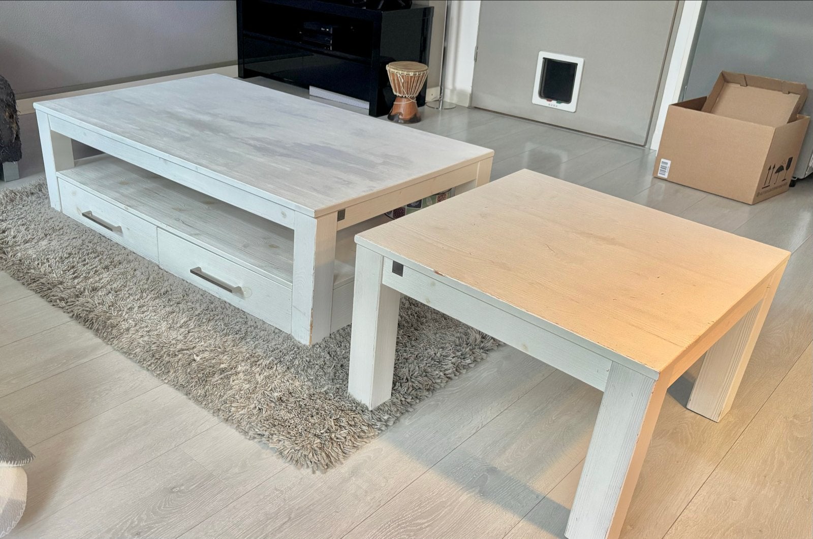 Salontafel set: Grote tafel met lades en kleine bijzettafel, Ophalen, 50 – 75, Gebruikt, 100 tot 150 cm