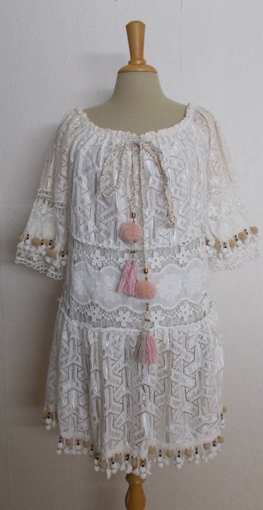 Katoenen Ibiza/boho beige kant look tuniek/jurkje! L, Verzenden, Beige, Maat 42/44 (L), Zo goed als nieuw