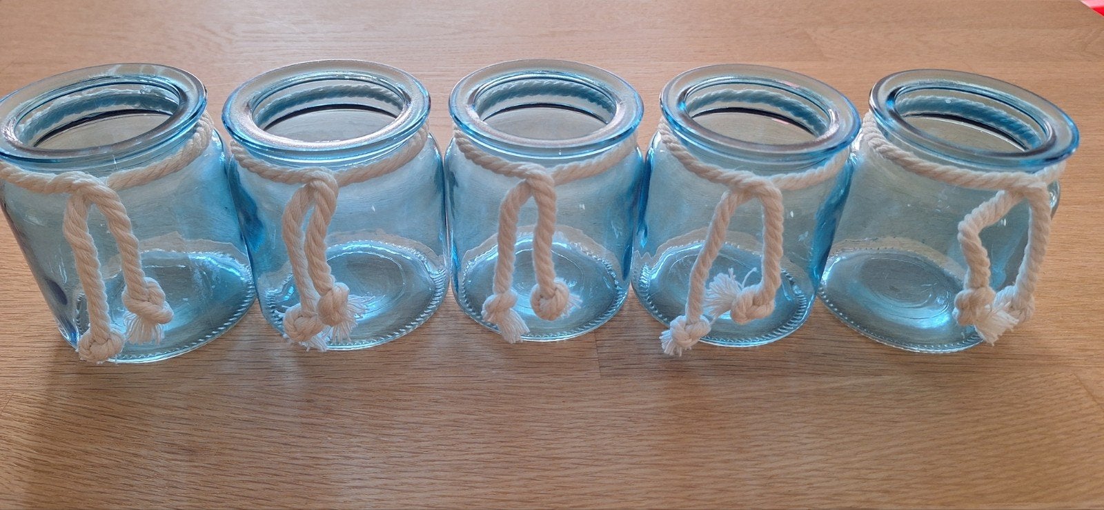 Set van 5 blauwe glazen potjes met touwdecoratie, Ophalen, Gebruikt, Blauw, Glas