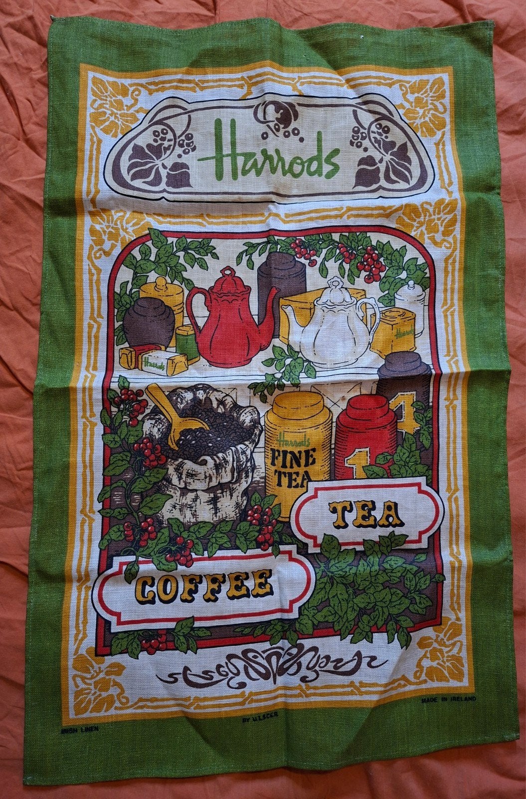 Vintage Harrods Theedoek - Thee & Koffie Design, Linnen, Gebruikt, Meerkleurig, Overige merken
