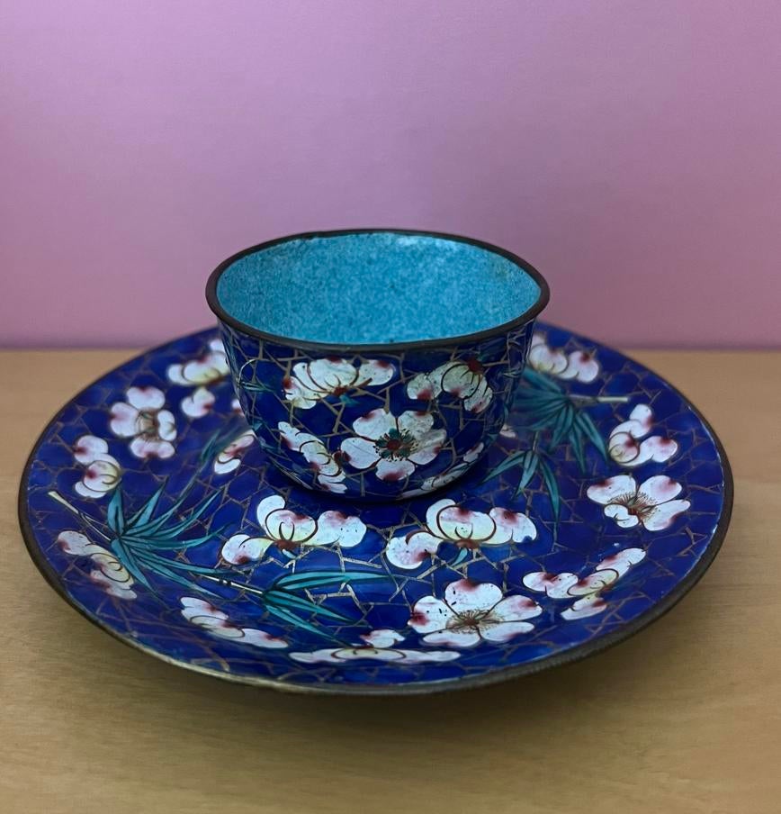 Vintage Cloisonné Theekopje en Schotel - Blauw met Bloemen, Ophalen
