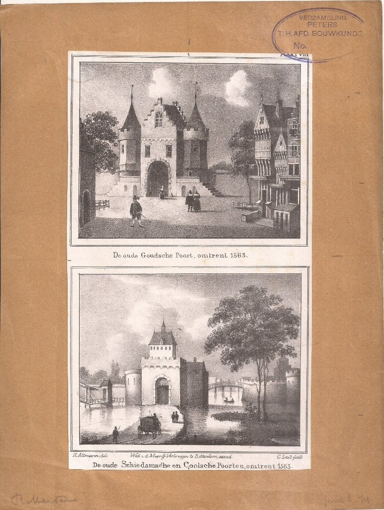 Rotterdam OUDE GOUDSCHE POORT en Schiedamsche Coolsche Poort, 1800 - 1899, Stadsgezicht, Ophalen of Verzenden, Blanco verso