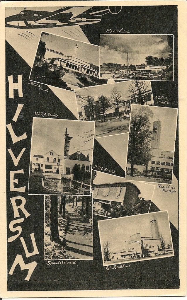 Oude ansichtkaart Hilversum met diverse gebouwen, Ophalen of Verzenden, 1920 tot 1940, Ongelopen, Noord-Holland