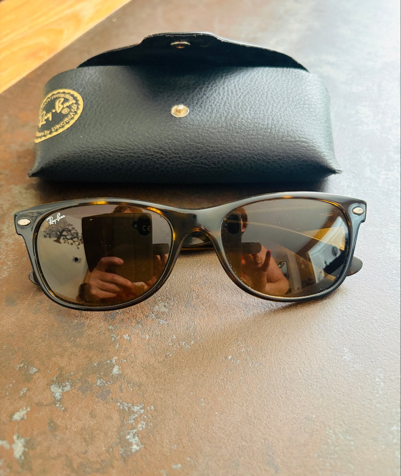 Ray-Ban New Wayfarer RB2132 tortoise + polariserende glazen, Ophalen, Zonnebril, Bruin, Zo goed als nieuw