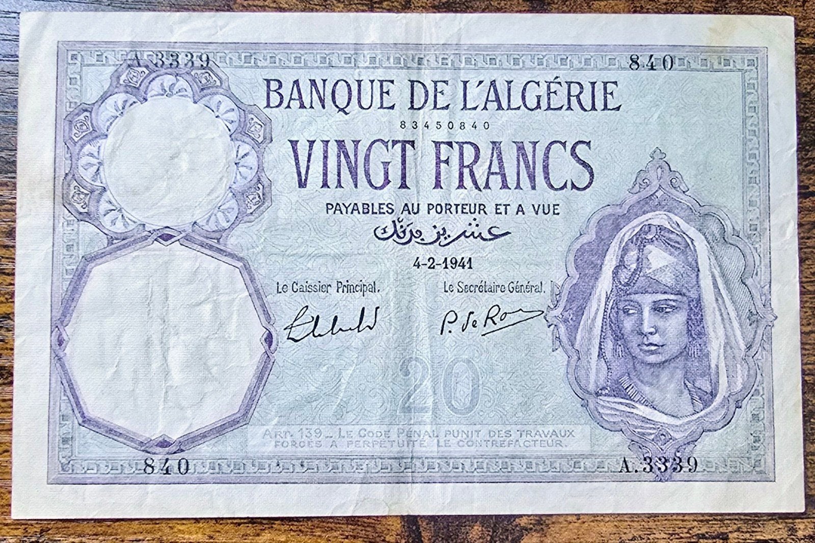 Algerije 20 Francs 1941 - Zeldzaam bankbiljet, Postzegels en Munten, Bankbiljetten | Afrika, Ophalen of Verzenden