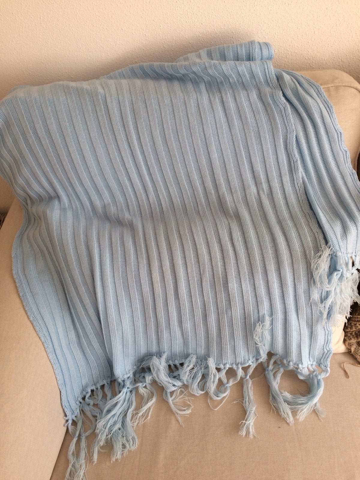 Lange blauwe sjaal met franjes, Ophalen, Gedragen, Maat 46/48 (XL) of groter, Sjaal