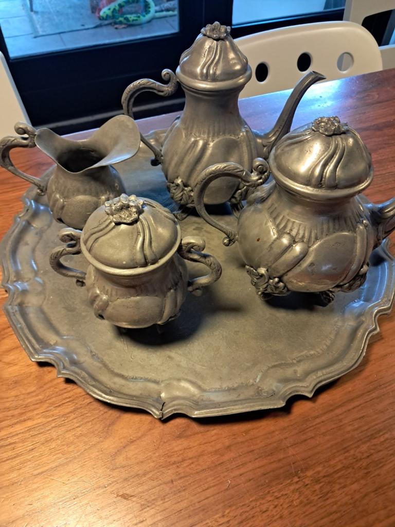 Antiek tinnen theeservies met dienblad, Antiek en Kunst, Antiek | Tin, Ophalen
