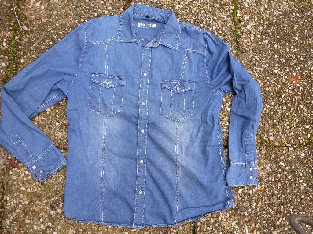 Heren spijkerblouse maat XL als nieuw, Blauw, Ophalen of Verzenden, Zo goed als nieuw, Halswijdte 43/44 (XL)