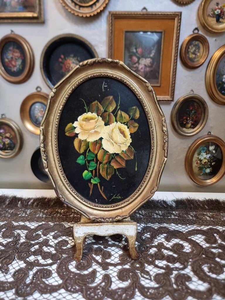 Oud olieverf olieverfschilderij schilderijtje bloemen K99, Antiek en Kunst, Ophalen of Verzenden