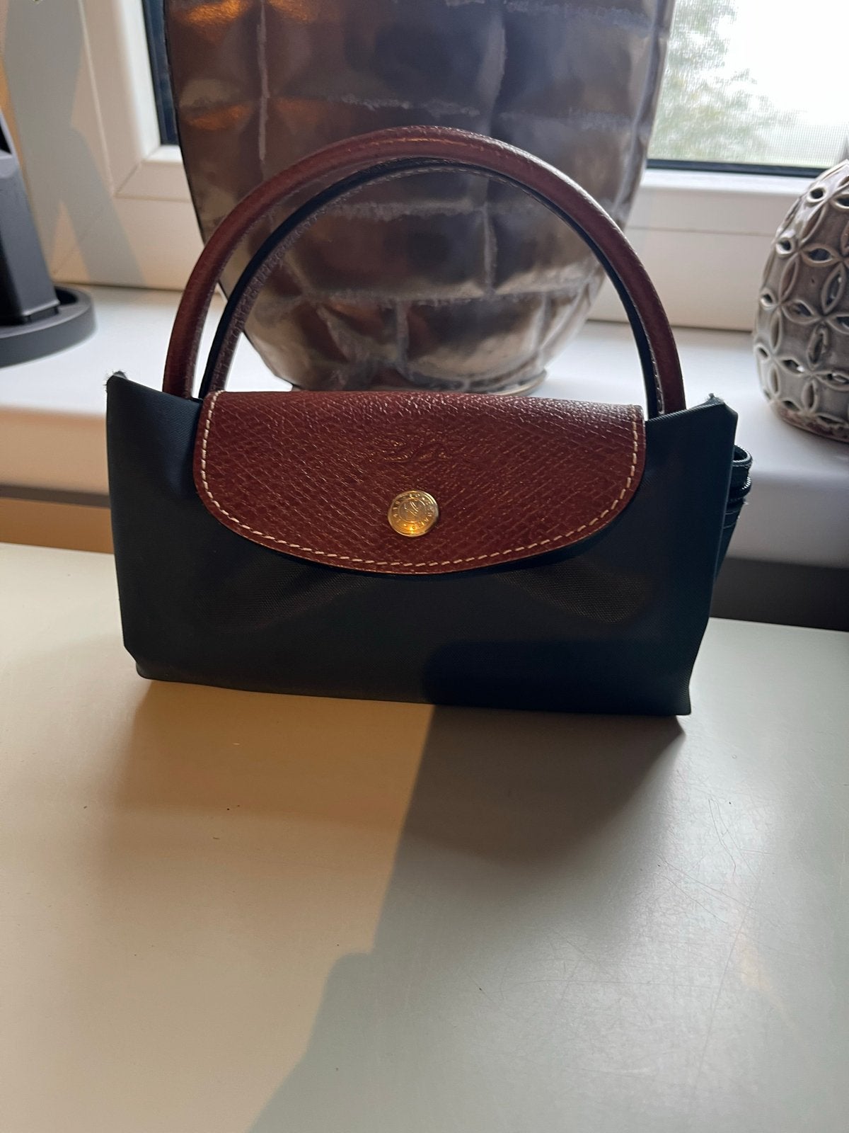 Longchamp handtas- Donkerblauw met Bruin Leer en kleine maat, Ophalen of Verzenden, Zo goed als nieuw, Blauw, Handtas