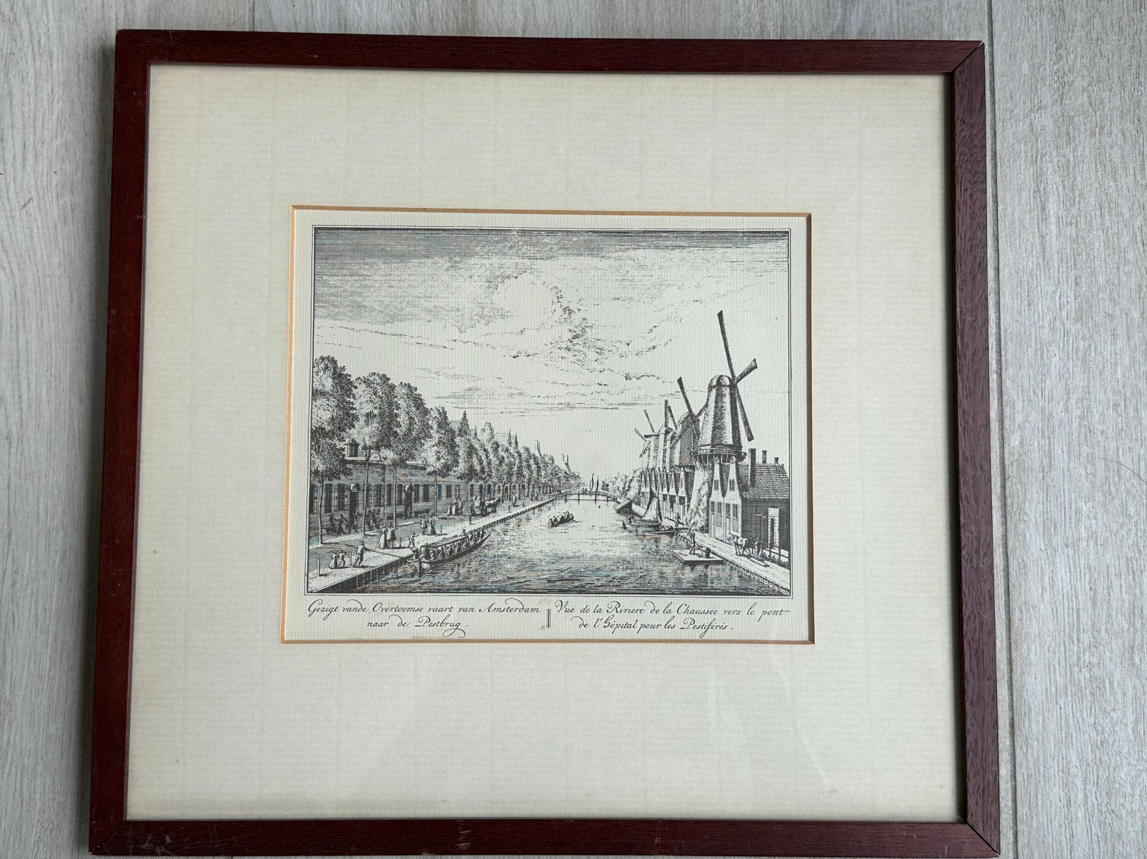 Oude Gravure Amsterdam gezicht pestbrug 35/31 cm, Antiek en Kunst, Ophalen of Verzenden