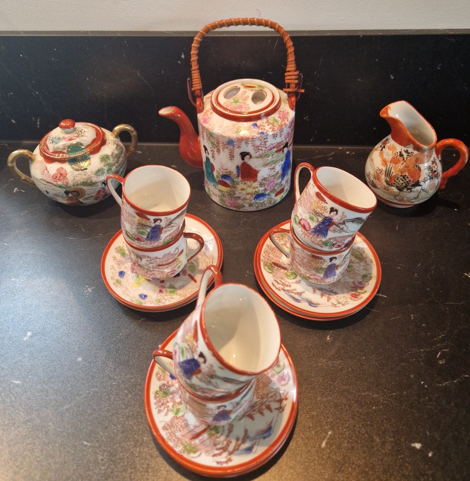 Vintage Japans Kutani Eierschaal Theeservies - 6-persoons, Ophalen