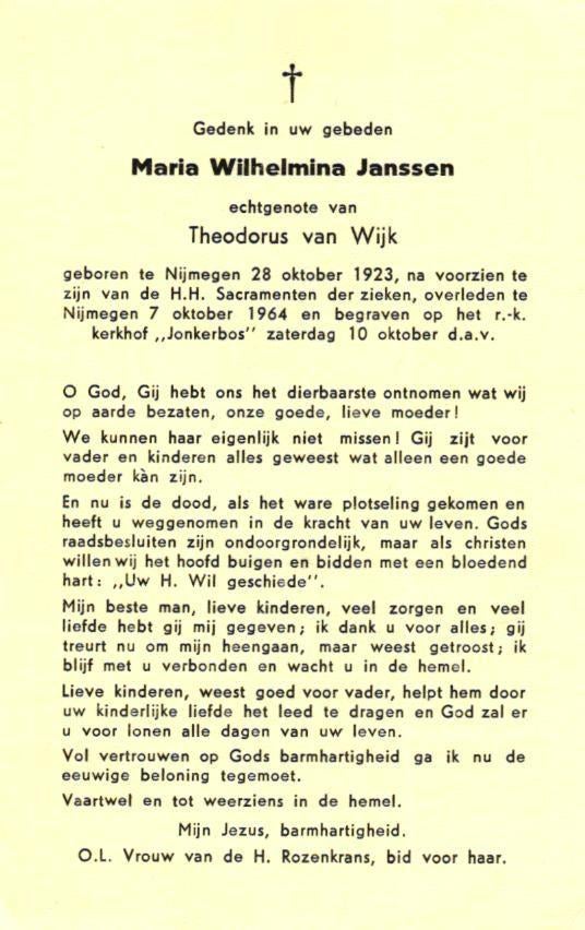 Janssen Maria Wilhelmina 1923-1964 Nijmegen, Verzamelen, Bidprentjes en Rouwkaarten, Ophalen of Verzenden