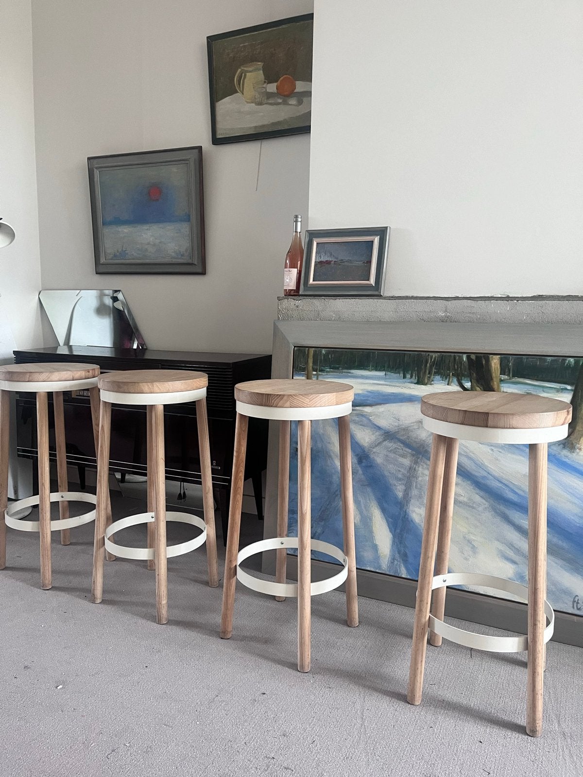 Set van 4 barkrukken - Hout en metaal, Ophalen, Gebruikt, Met voetsteun, 60 tot 90 cm