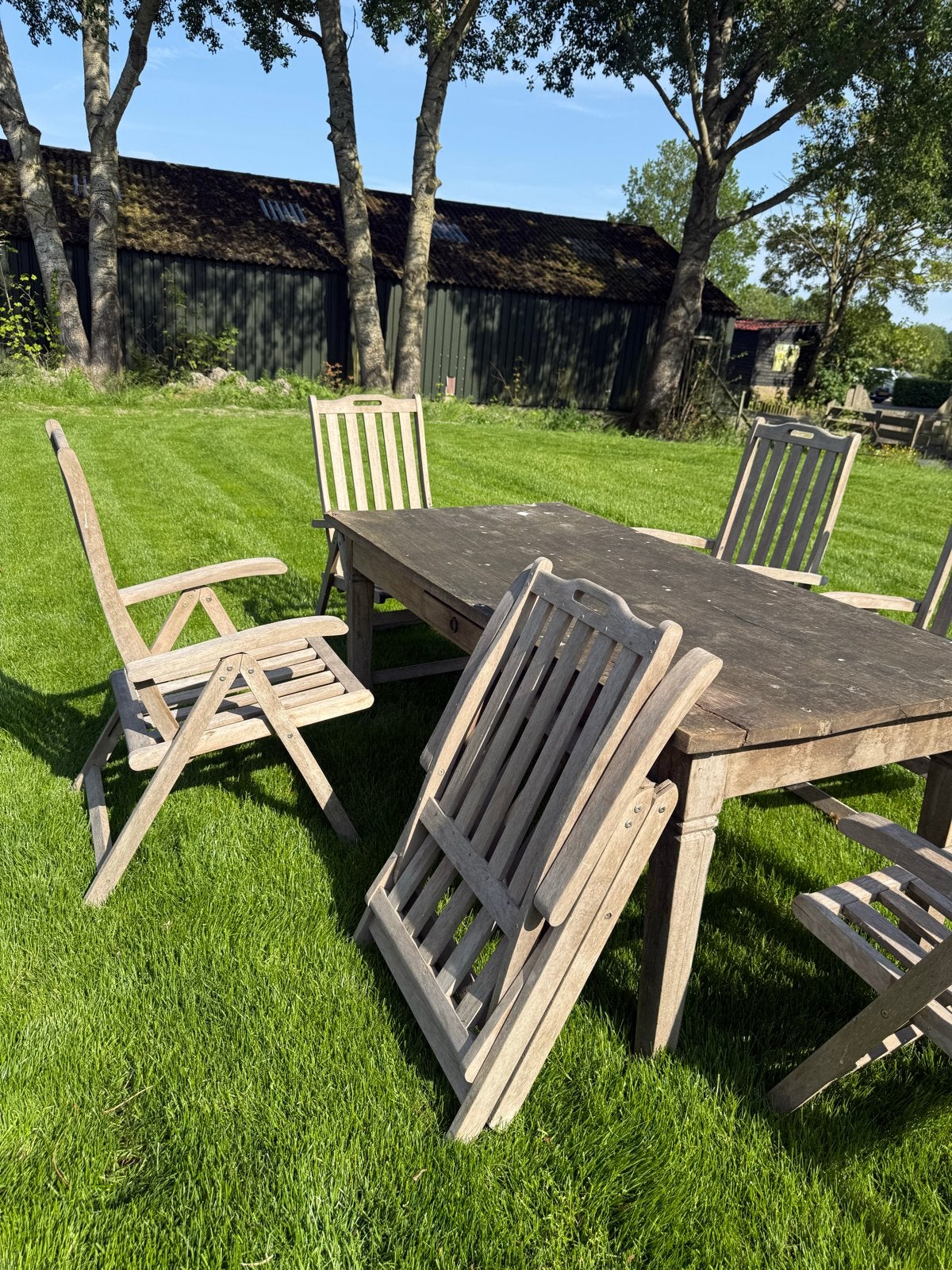 6 teakhouten standenstoelen met gratis tuintafel!, Ophalen, Gebruikt, Eettafel, 6 zitplaatsen