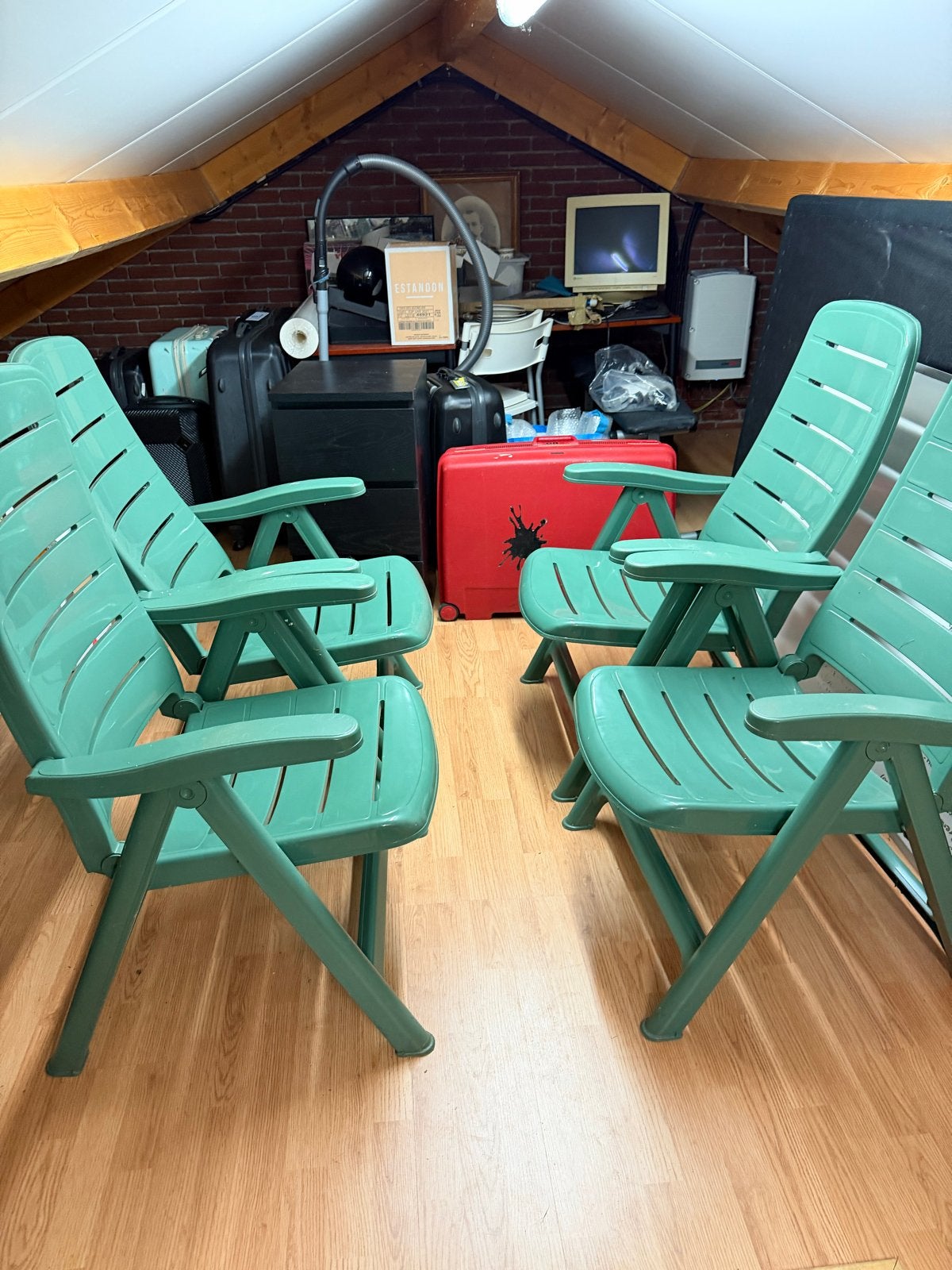 4x Groene Kunststof Tuinstoelen - Inklapbaar, Ophalen, Gebruikt, Kunststof, Inklapbaar
