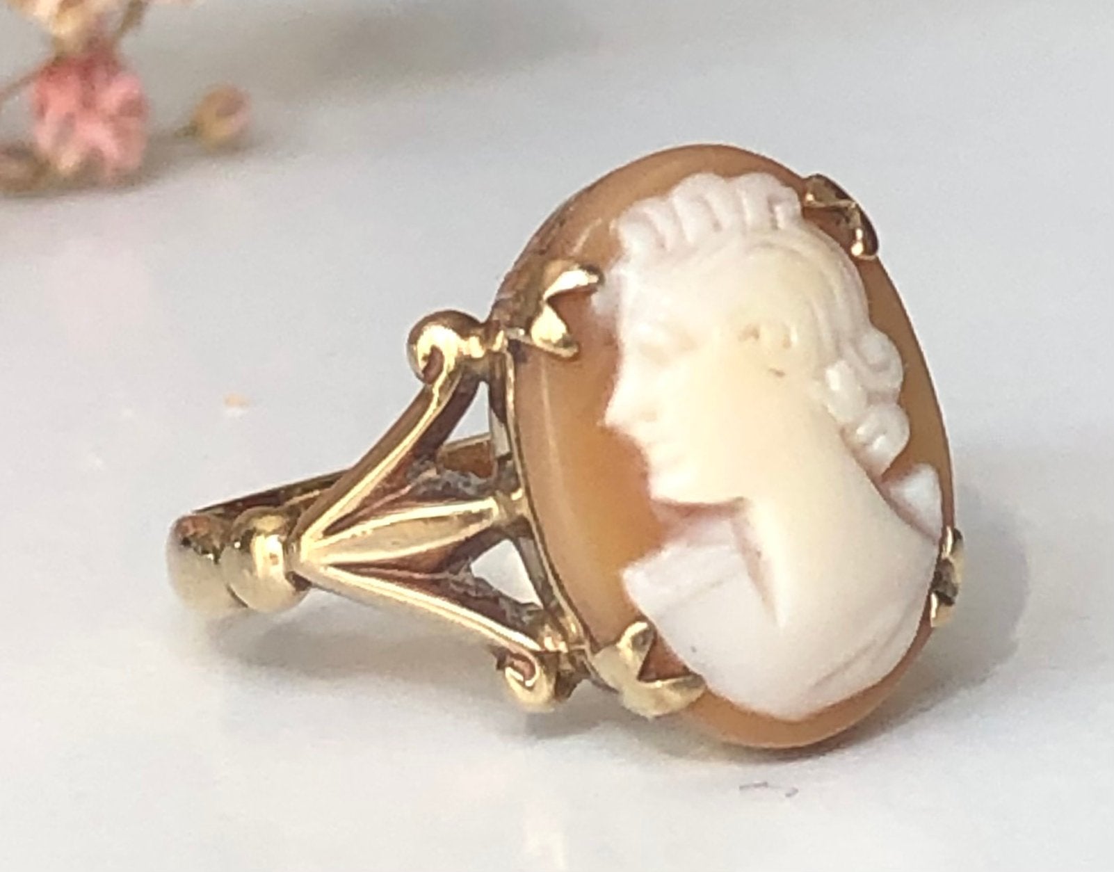 Vintage 9k gouden ring camee maat 17, Gebruikt, Bruin, Ophalen of Verzenden, 17 tot 18