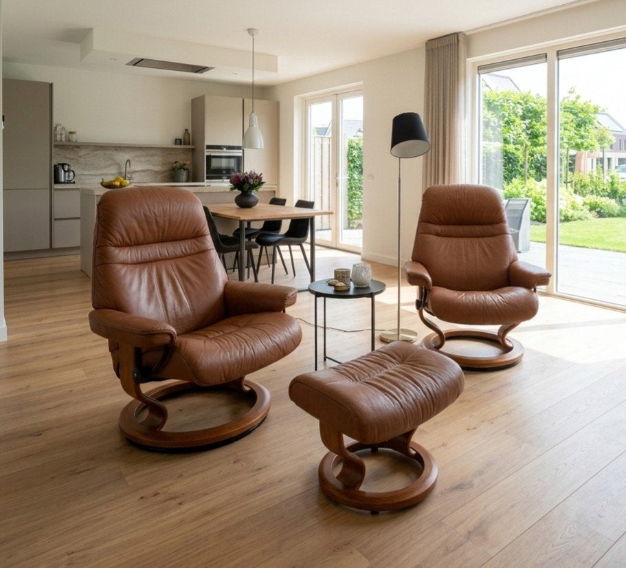 Originele Stressless Set(M+L) Cognac Leder + Hocker-Topstaat, Huis en Inrichting, Fauteuils, Ophalen, Modern, Comfort, Scandinavisch