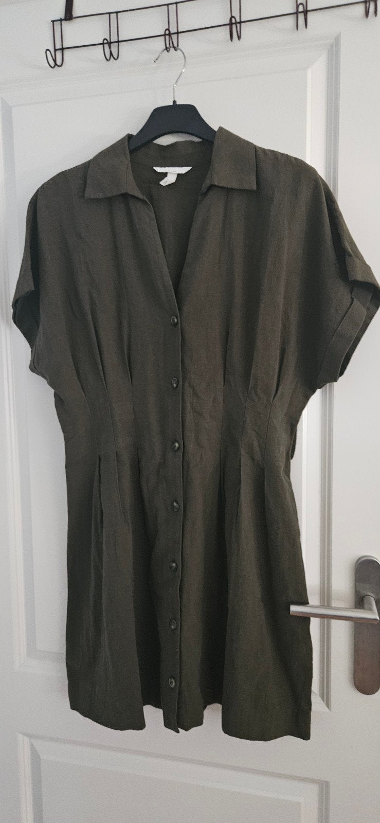 H&M Linnen Blend Jurk Korte Mouw - Donkergroen, Kleding | Dames, Jurken, H&M, Nieuw, Ophalen of Verzenden, Maat 36 (S)