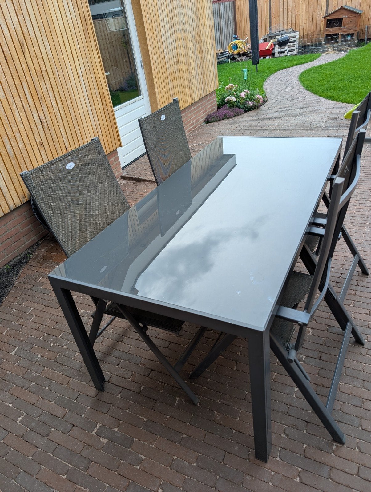 Hartman tuintafel 180 cm excl. 4 stoelen, Tuin en Terras, Tuintafels, Gebruikt, Rechthoekig, Kunststof, Ophalen
