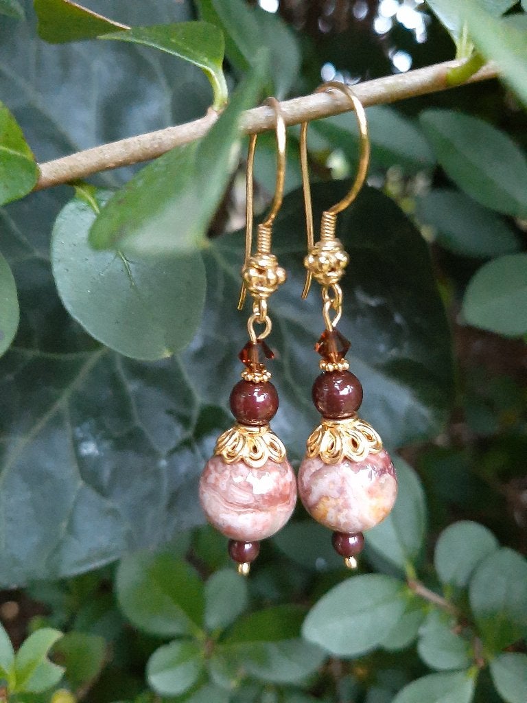 Oorbellen Doris agaat-swarovski parel-kristal goud, Ophalen, Nieuw