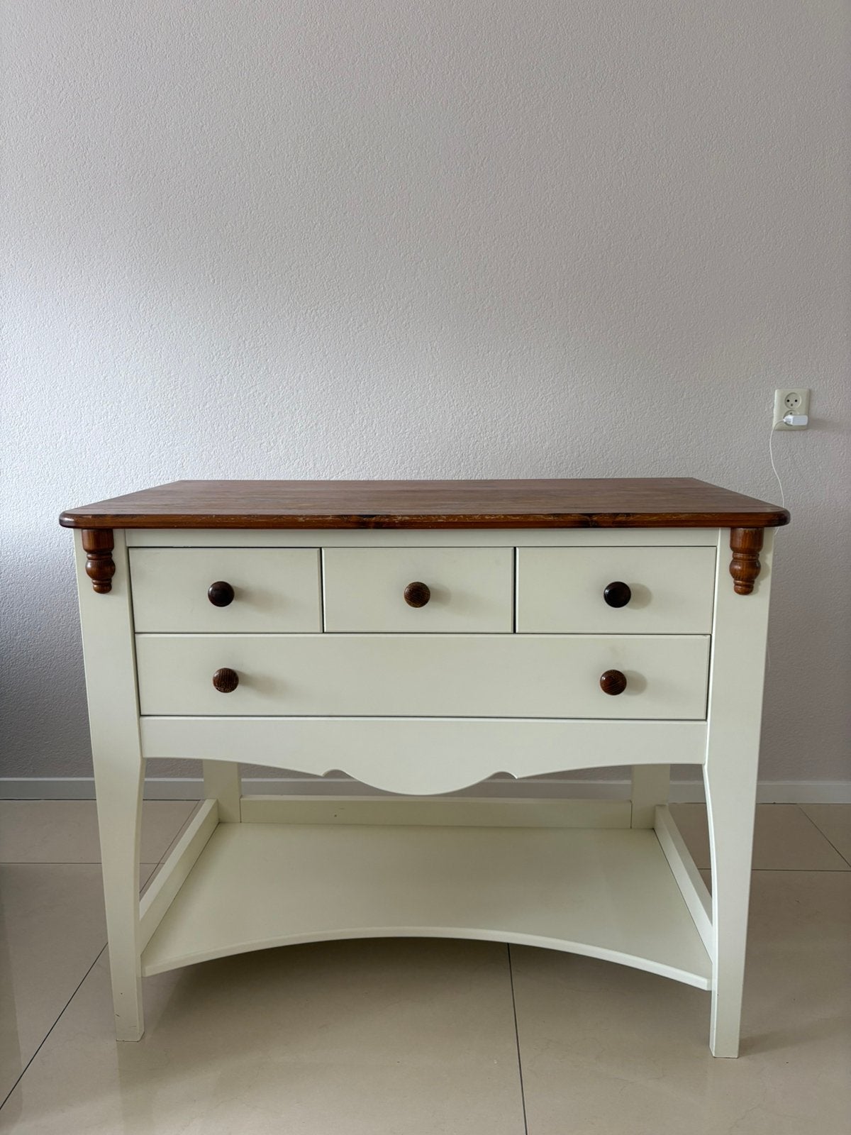 Landelijke ladekast / commode wit – houten blad, Ophalen, Gebruikt, 100 tot 150 cm, Landelijk