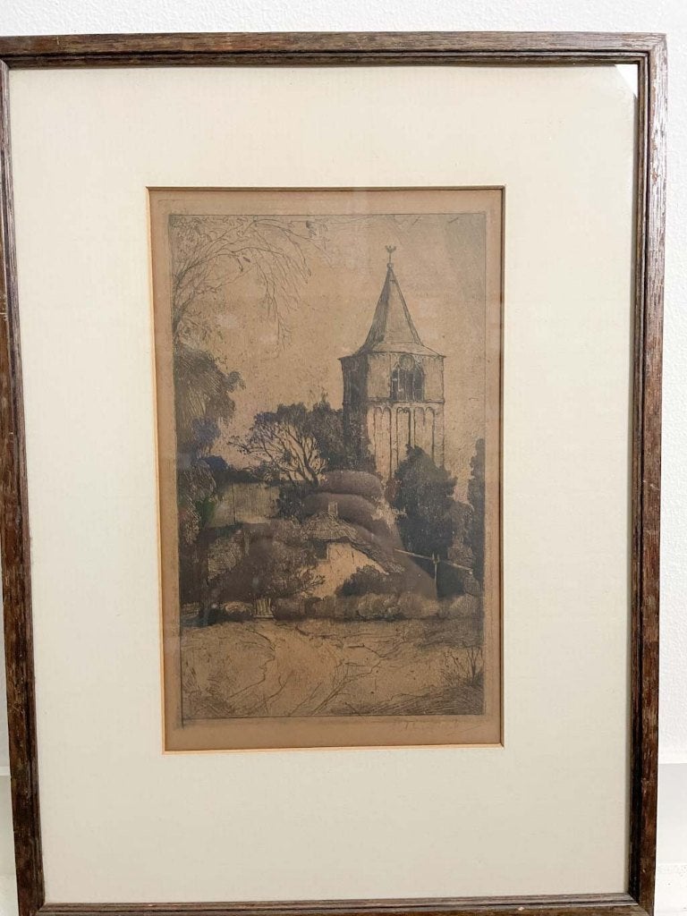 Arend Jan van Driesten ( 1878-1969) ets kerktoren, Ingelijst, Ets, Stadsgezicht, Ophalen of Verzenden