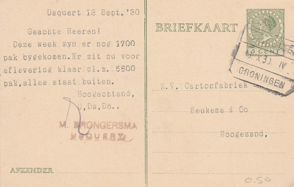 USQUERT 1930 W, BRONGERSMA, Verzenden, 1920 tot 1940, Gelopen, Groningen