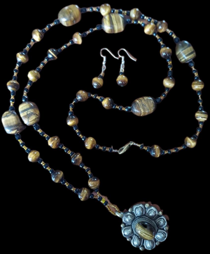 Tijgeroog ketting en oorbellen set, Sieraden, Tassen en Uiterlijk, Kettingen, Bruin, Ophalen of Verzenden, Zo goed als nieuw, Steen of Mineraal