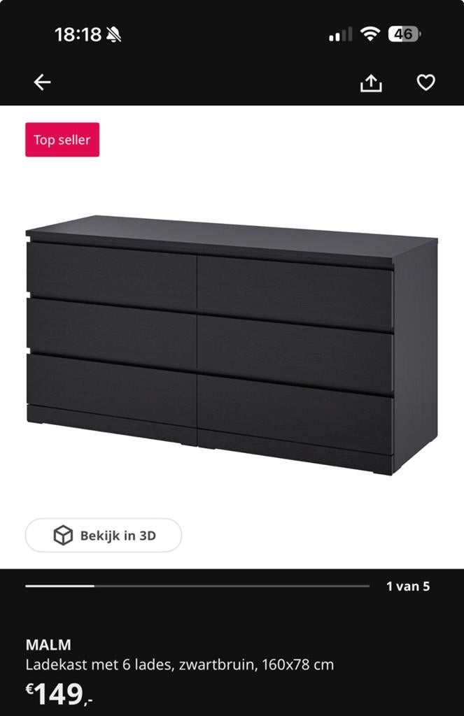 Ikea malm ladekast 6 lades, Huis en Inrichting, Kasten | Ladekasten, Ophalen, 50 tot 100 cm, Zo goed als nieuw, 3 of 4 laden