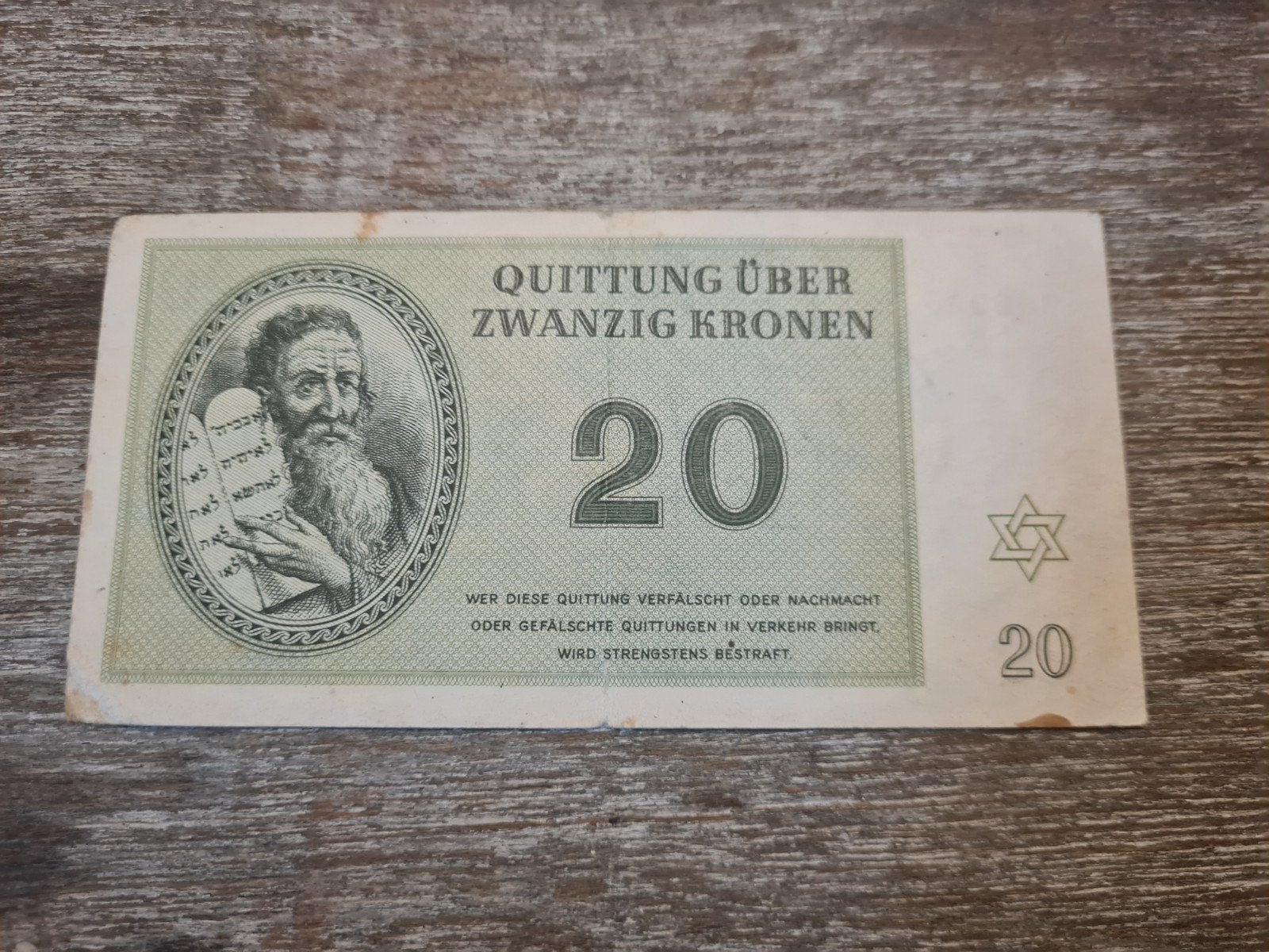 Biljet 20 Kronen Theresienstadt Tweede Wereldoorlog, Ophalen of Verzenden, Overige soorten, Nederland