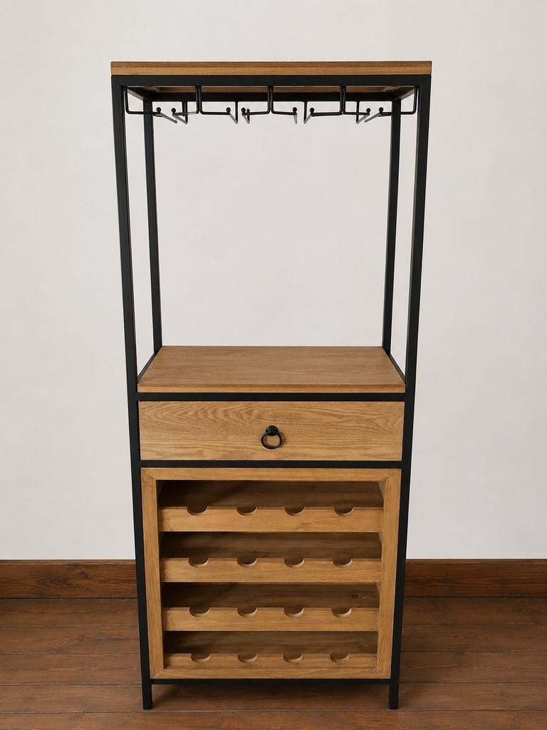 Wijnkast met glazenhouder en lade - Industrieel design, Ophalen, Zo goed als nieuw, Hout, 15 tot 25 flessen