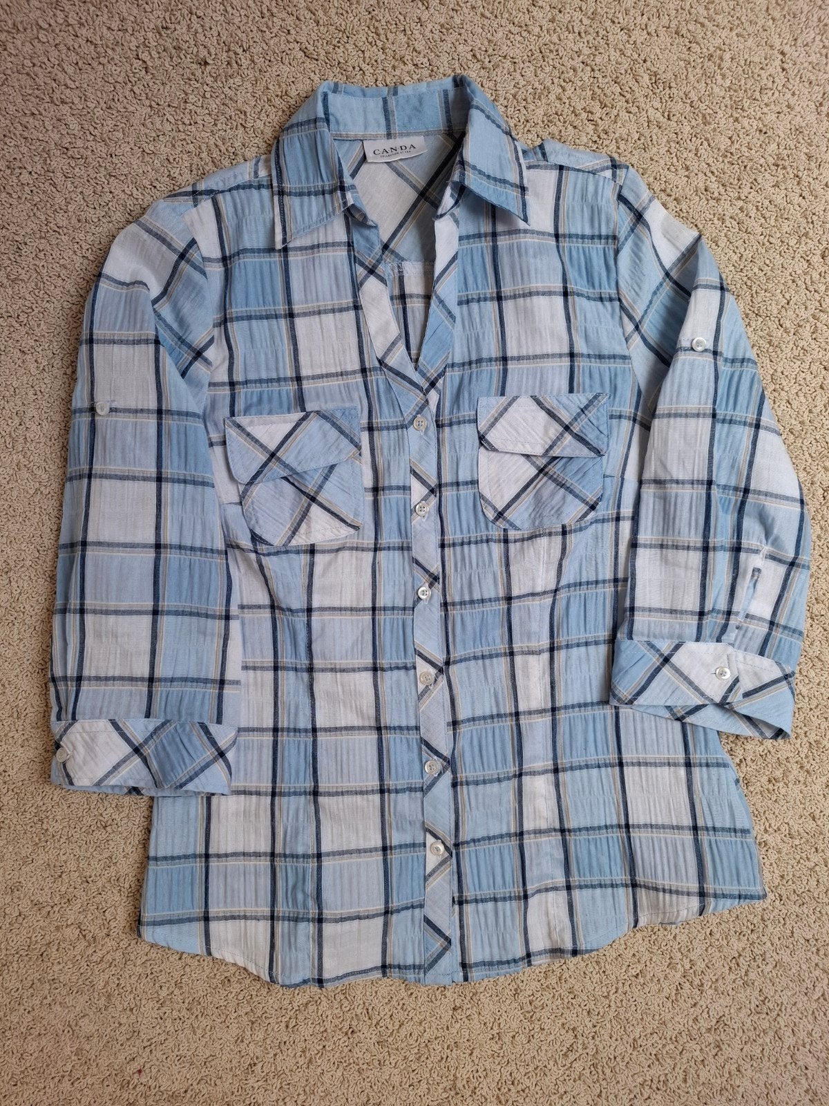 Canda Lichtblauwe Geblokte Blouse Maat 38, Maat 38/40 (M), Blauw, Ophalen of Verzenden, Gedragen